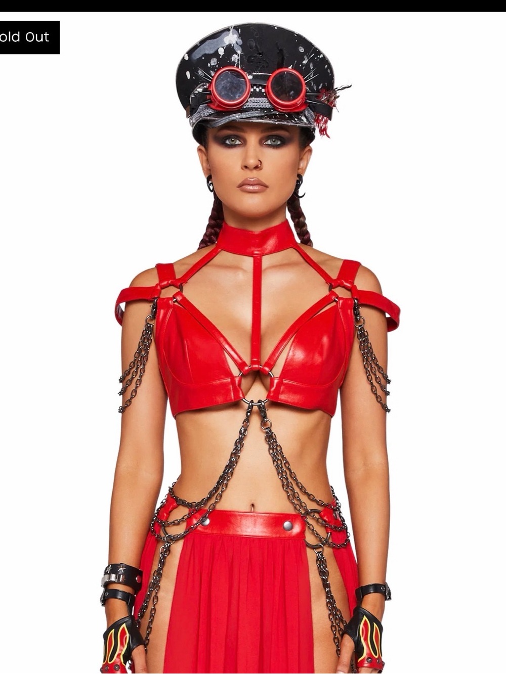 Club Red Faux Leather Chain Harness Bra with Silver Chains